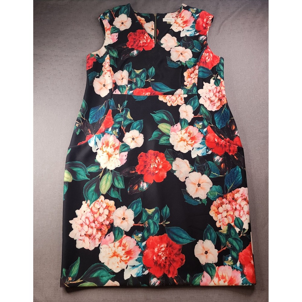 Calvin Klein Floral Sleeveless V-Neck Sheath Dress Black Pink Red 18W